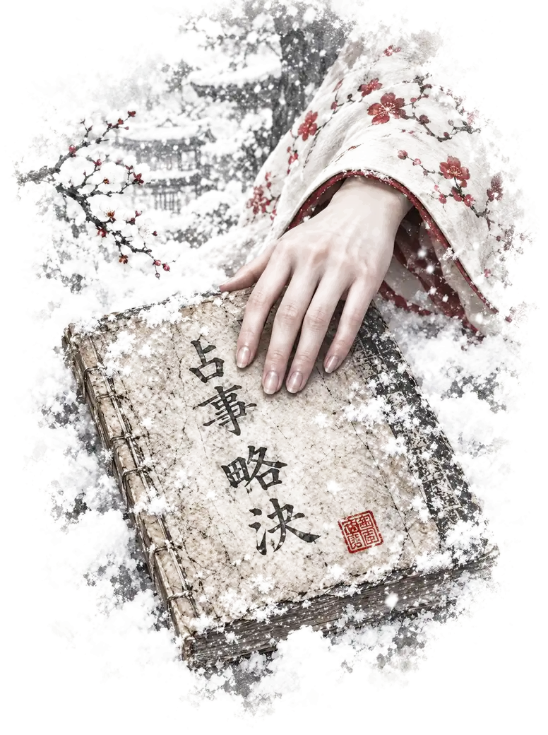 눈 위에 놓인 오래된 필사본 『점사약결』과 그 위에 얹은 손